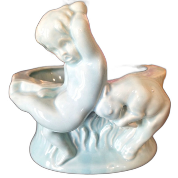 Boy With Goat, Blue Ceramic Planter Pot, Vintage - Picture 1 of 4